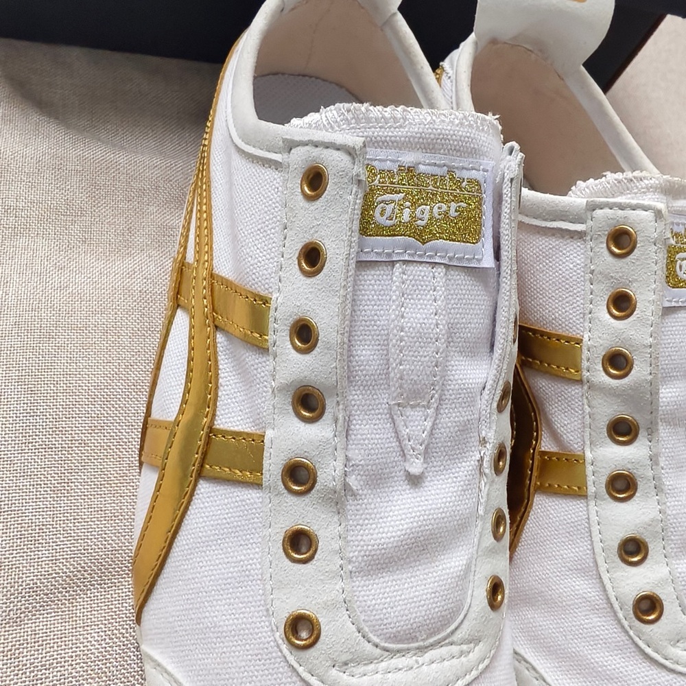Onitsuka Tiger by Asics Women's White Sneakers with Metallic Gold Stripes - Picture 9 of 12